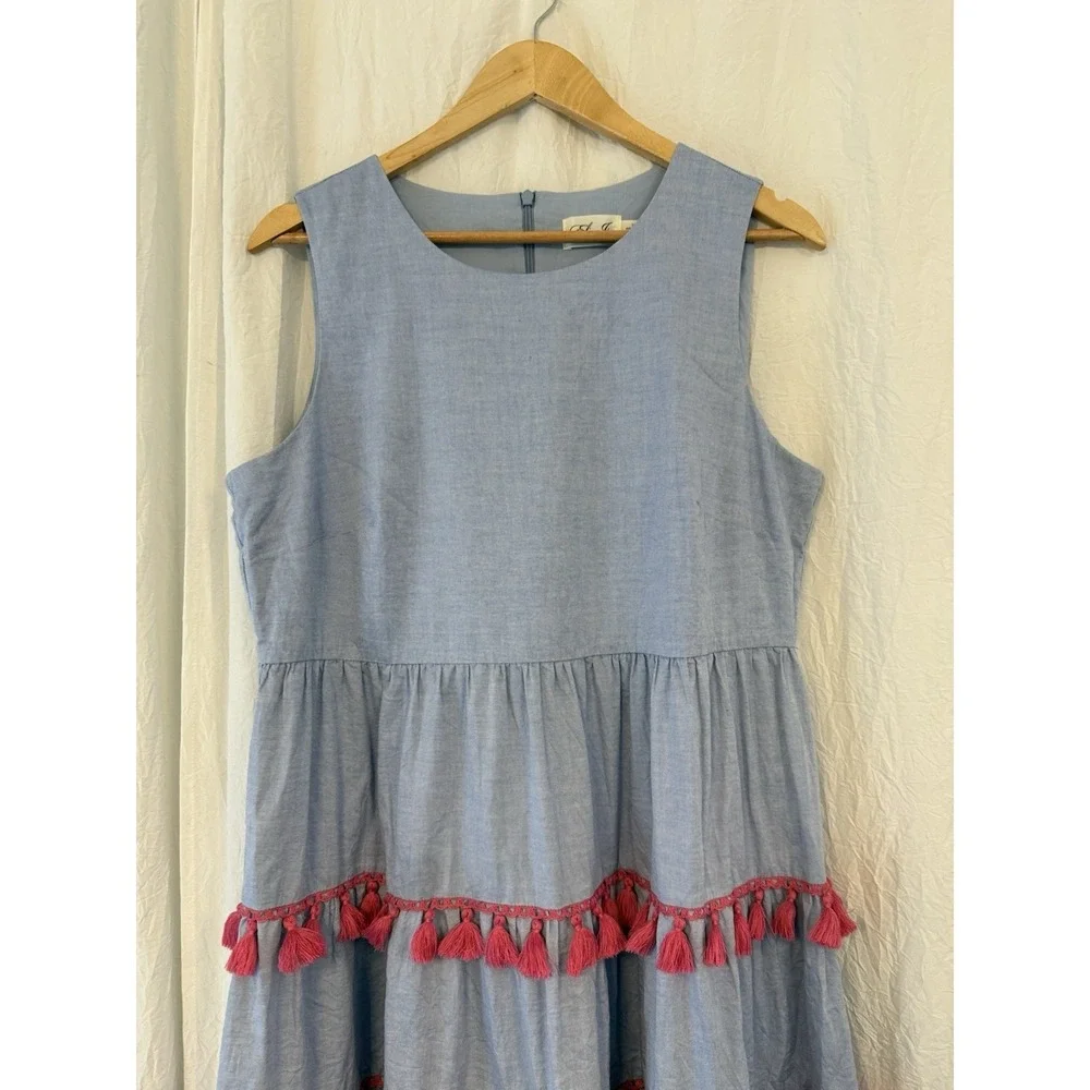 Eliza J Dress Size 14 Blue Chambray Pink Tassels Sleeveless Tiered Dress Preppy - Picture 3 of 9